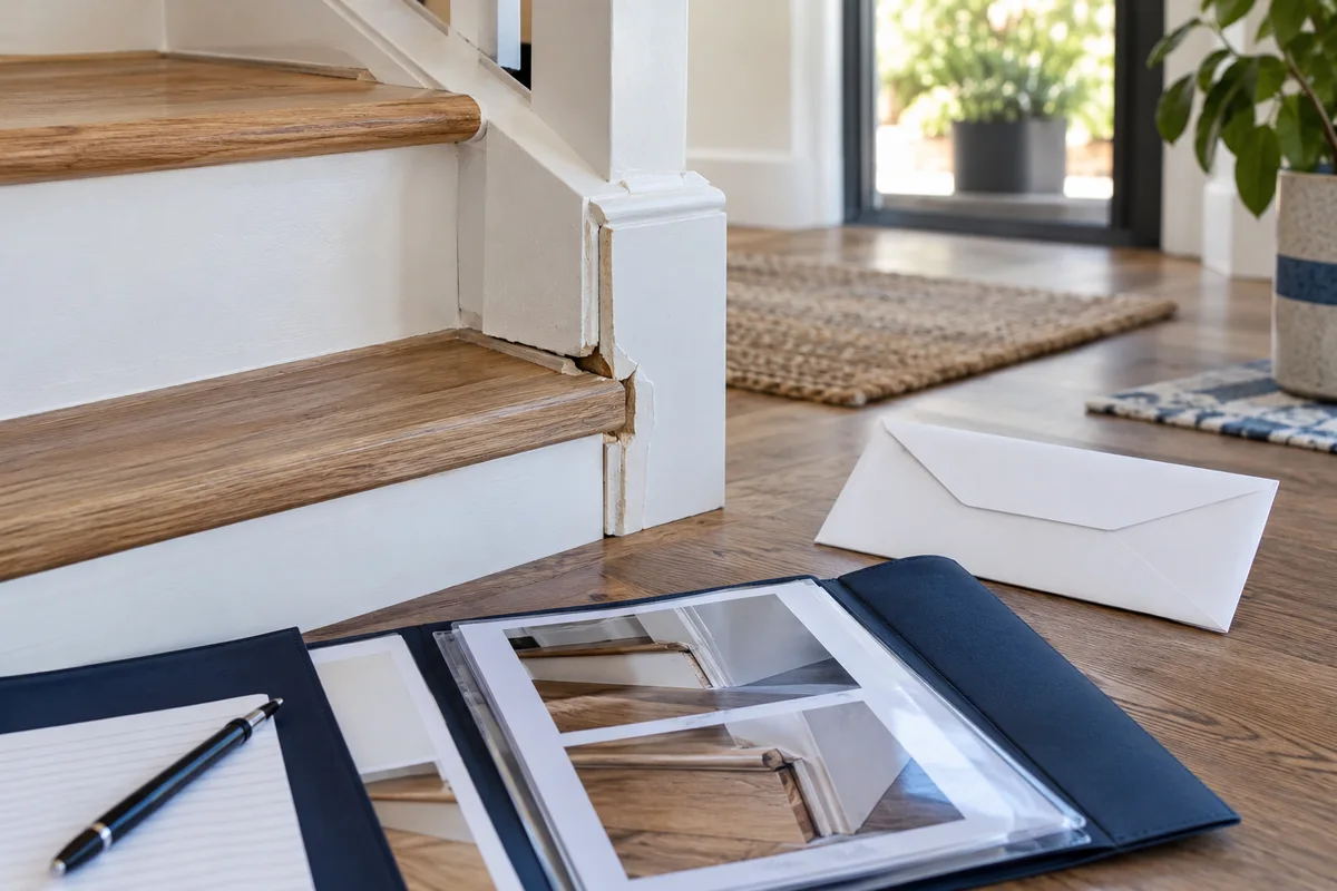 Defective stair trim photographed beside an organized evidence folder and unopened formal letter.