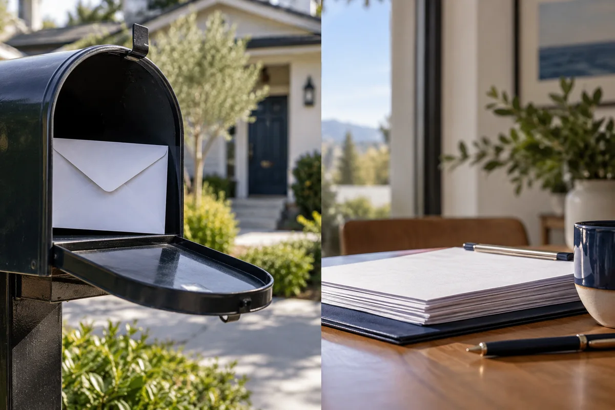 Unopened informational notice in mailbox contrasted with formal filed documents on table.