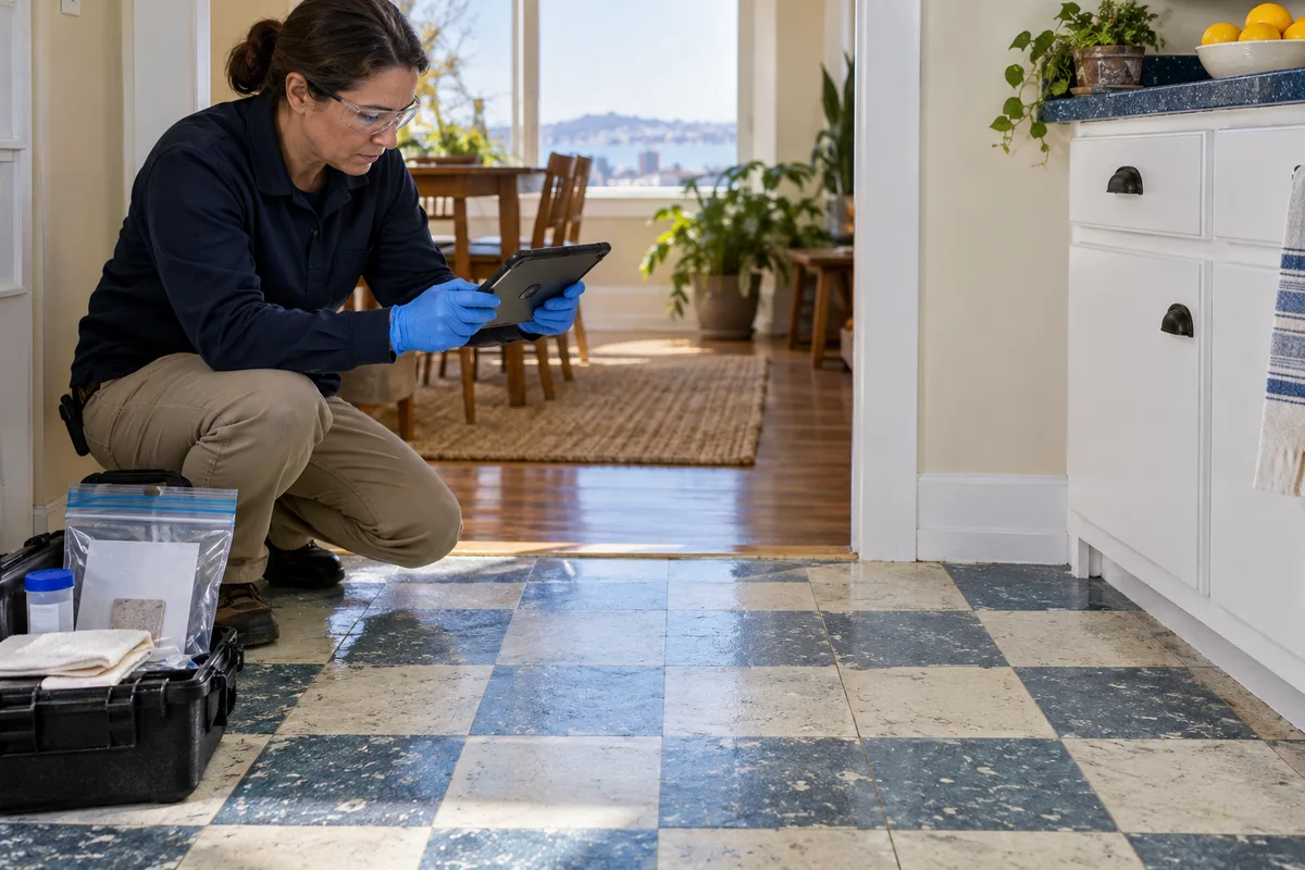 Qualified inspector documents undisturbed old floor tile from a safe position.