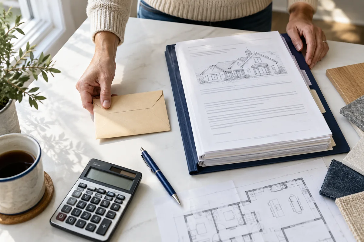 Small payment envelope beside a thick renovation contract and calculator.