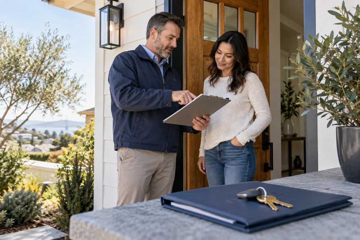 Inspector and owner at a completed residential doorway reviewing a final checklist.