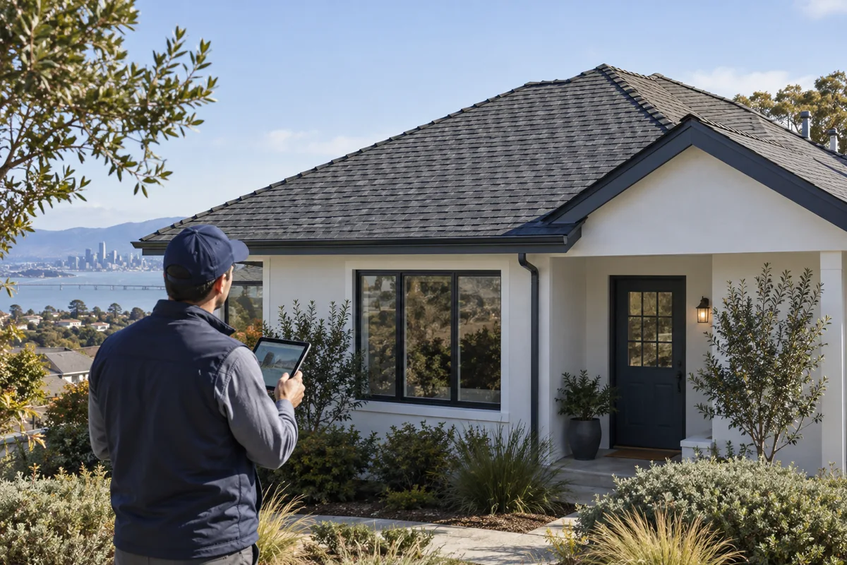 Roofing estimator measures actual roof planes of a small Bay Area house from ground with tablet.