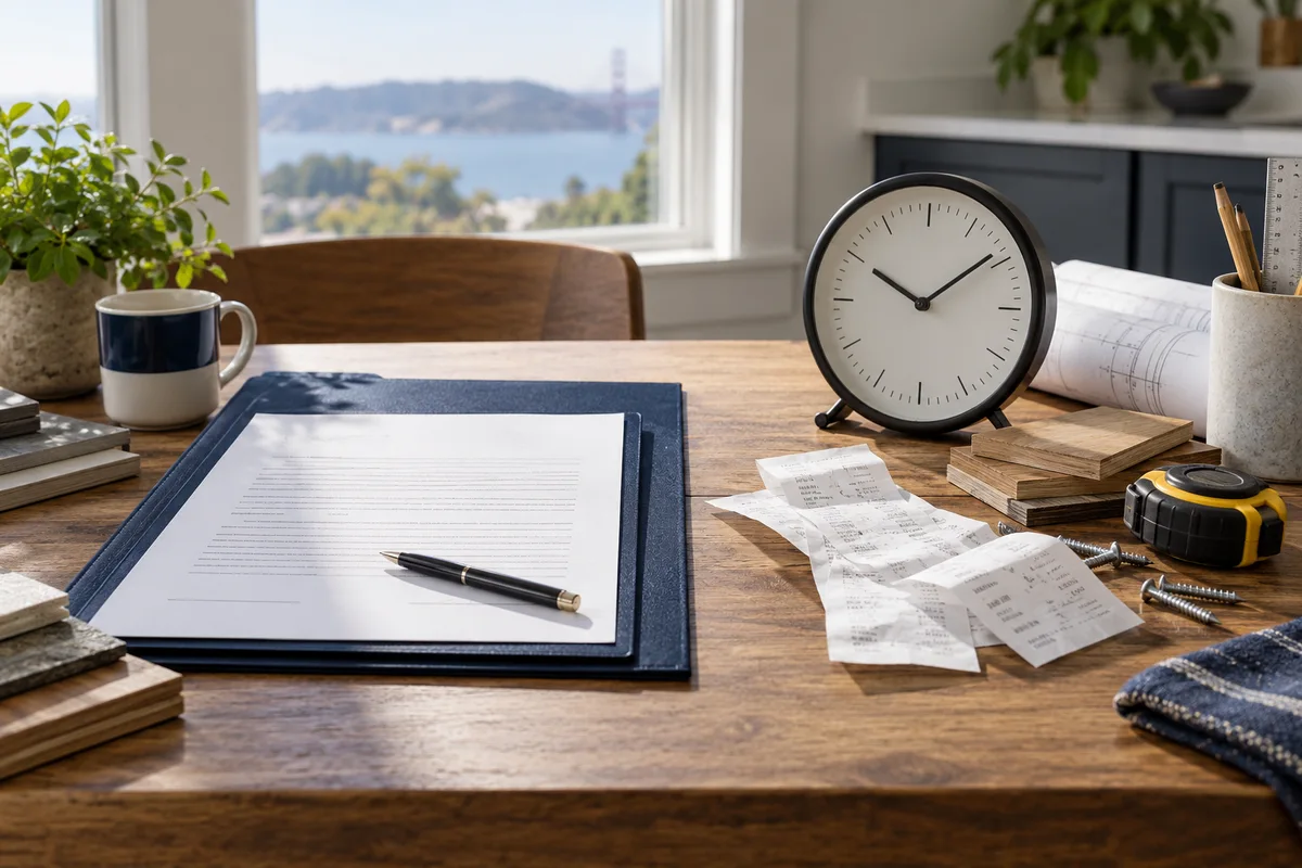 Split physical desk arrangement with fixed contract folder on left and clock with materials receipts on right.