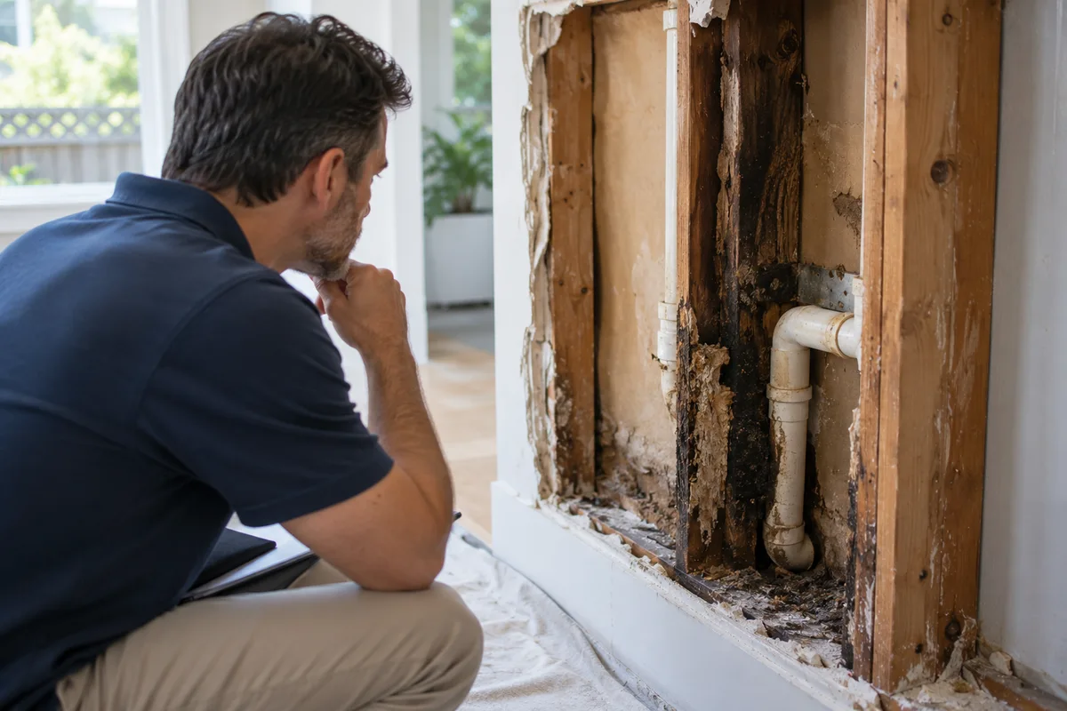 Opened interior wall reveals dark deteriorated timber near plumbing.