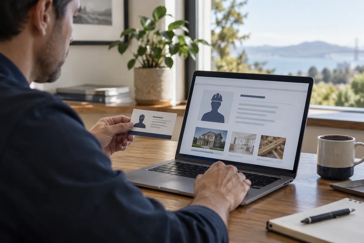Close view of laptop with abstract unbranded contractor record and physical business card.