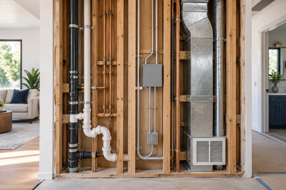Open residential service wall showing isolated plumbing.