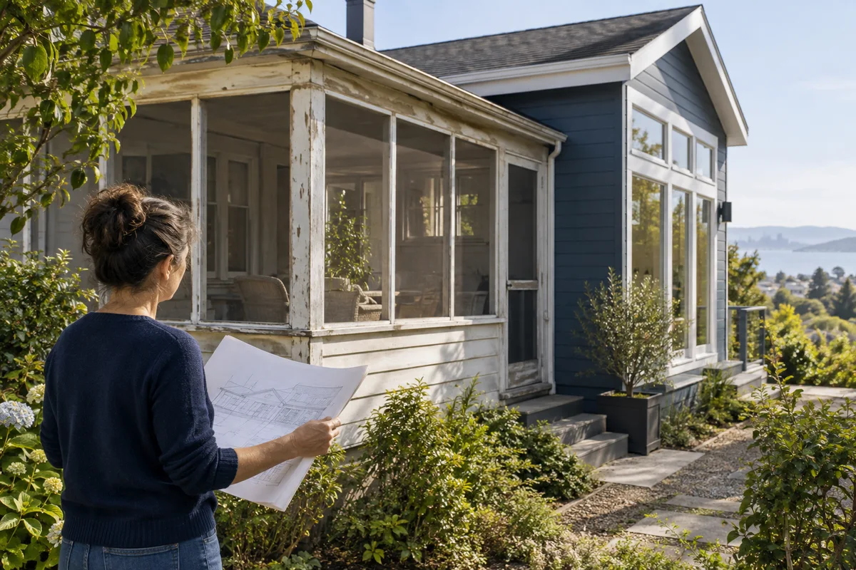 Old enclosed porch adjoining a newer permitted-looking renovation.
