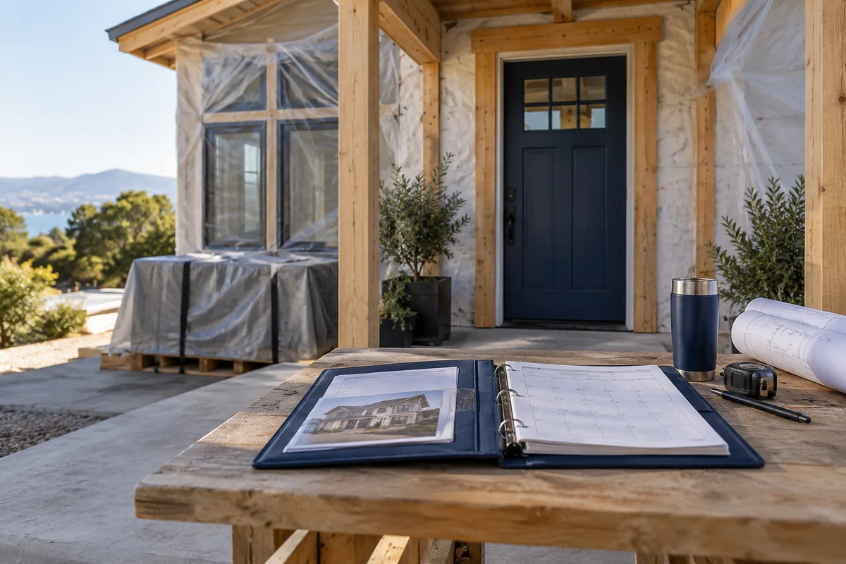 Weather-protected paused residential construction site with secured door and calendar in site folder.