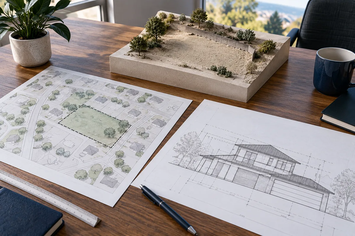 Planning map and building construction drawing as separate sheets beside untouched site model.
