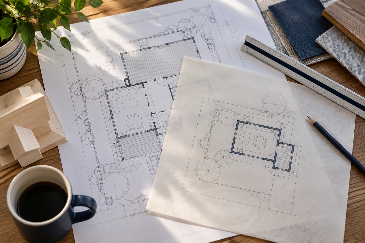 Original large addition plan partly covered by a smaller revised footprint on tracing paper.