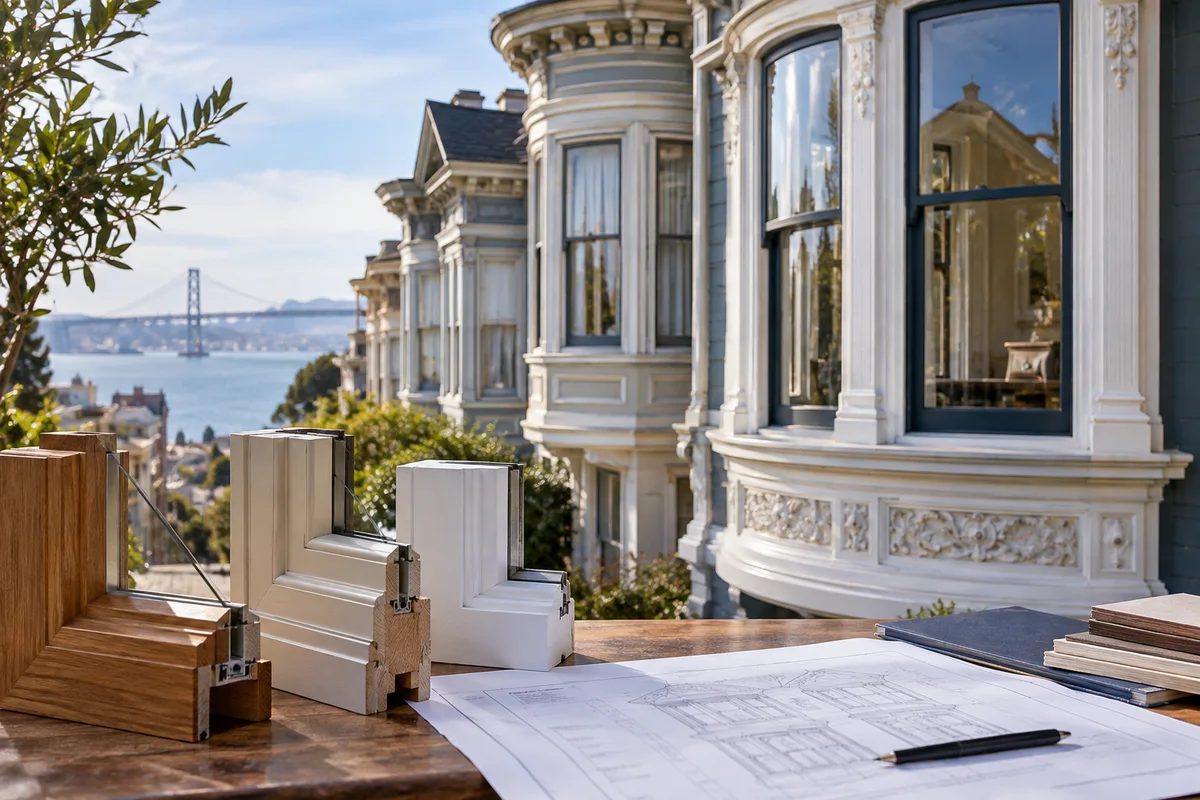 Detailed historic San Francisco bay windows with material profile samples in foreground.