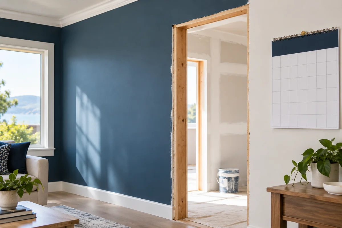 Completed painted wall and still-unfinished doorway beside wall calendar with blank squares.